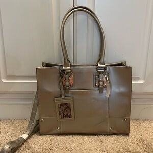 Wilsons Leather Metallic Silver Large Tote Purse Shoulder Bag Long Straps NWT